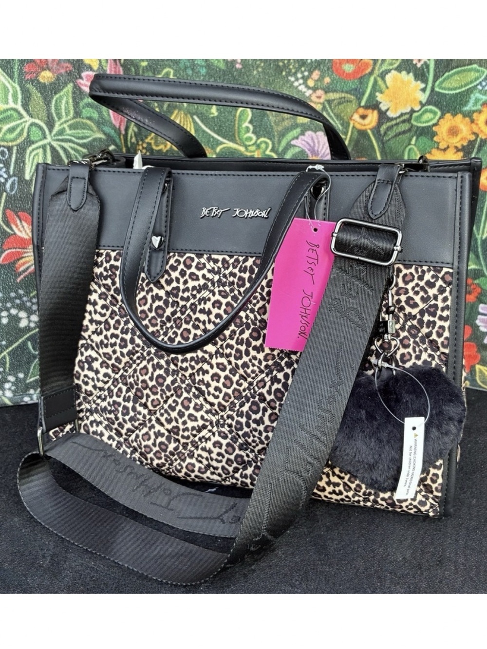 BETSEY JOHNSON Black Quilted Leopard Tote w/ Crossbody Strap NWT